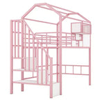 Whisen 93.7''L x 41.4''W House-style Design Metal Loft Bed with Staircase, Storage Rack and Window, with Roof Design