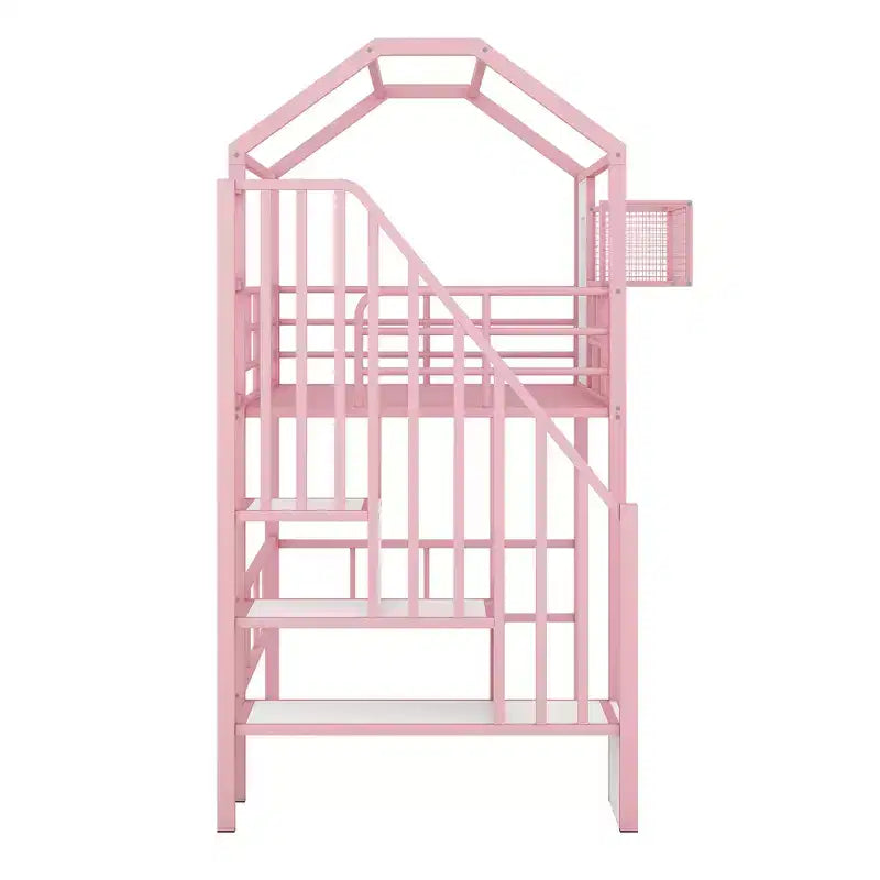 Whisen 93.7''L x 41.4''W House-style Design Metal Loft Bed with Staircase, Storage Rack and Window, with Roof Design