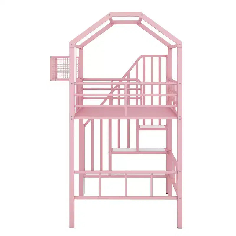 Whisen 93.7''L x 41.4''W House-style Design Metal Loft Bed with Staircase, Storage Rack and Window, with Roof Design