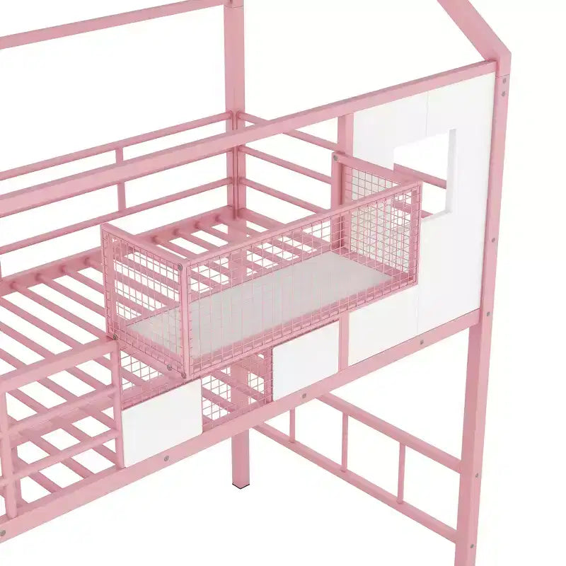 Whisen 93.7''L x 41.4''W House-style Design Metal Loft Bed with Staircase, Storage Rack and Window, with Roof Design