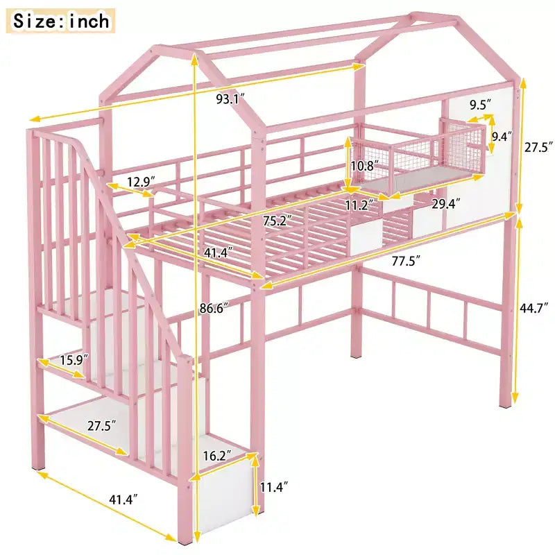 Whisen 93.7''L x 41.4''W House-style Design Metal Loft Bed with Staircase, Storage Rack and Window, with Roof Design