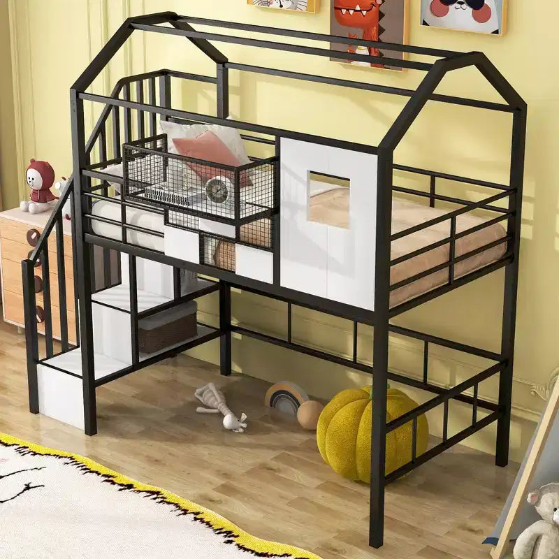 Whisen 93.7''L x 41.4''W House-style Design Metal Loft Bed with Staircase, Storage Rack and Window, with Roof Design