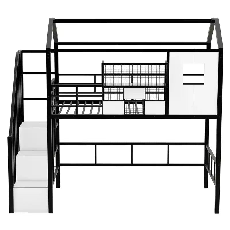 Whisen 93.7''L x 41.4''W House-style Design Metal Loft Bed with Staircase, Storage Rack and Window, with Roof Design