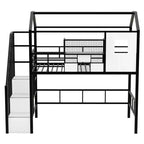 Whisen 93.7''L x 41.4''W House-style Design Metal Loft Bed with Staircase, Storage Rack and Window, with Roof Design