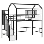 Whisen 93.7''L x 41.4''W House-style Design Metal Loft Bed with Staircase, Storage Rack and Window, with Roof Design
