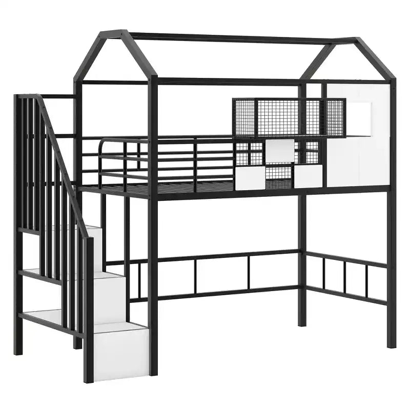 Whisen 93.7''L x 41.4''W House-style Design Metal Loft Bed with Staircase, Storage Rack and Window, with Roof Design