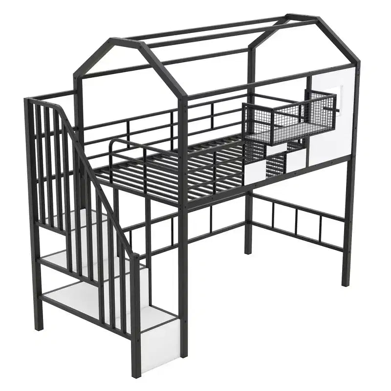Whisen 93.7''L x 41.4''W House-style Design Metal Loft Bed with Staircase, Storage Rack and Window, with Roof Design