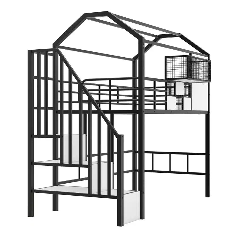 Whisen 93.7''L x 41.4''W House-style Design Metal Loft Bed with Staircase, Storage Rack and Window, with Roof Design