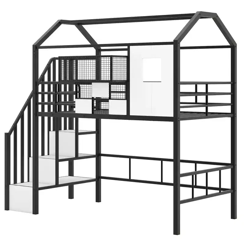 Whisen 93.7''L x 41.4''W House-style Design Metal Loft Bed with Staircase, Storage Rack and Window, with Roof Design