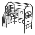 Whisen 93.7''L x 41.4''W House-style Design Metal Loft Bed with Staircase, Storage Rack and Window, with Roof Design