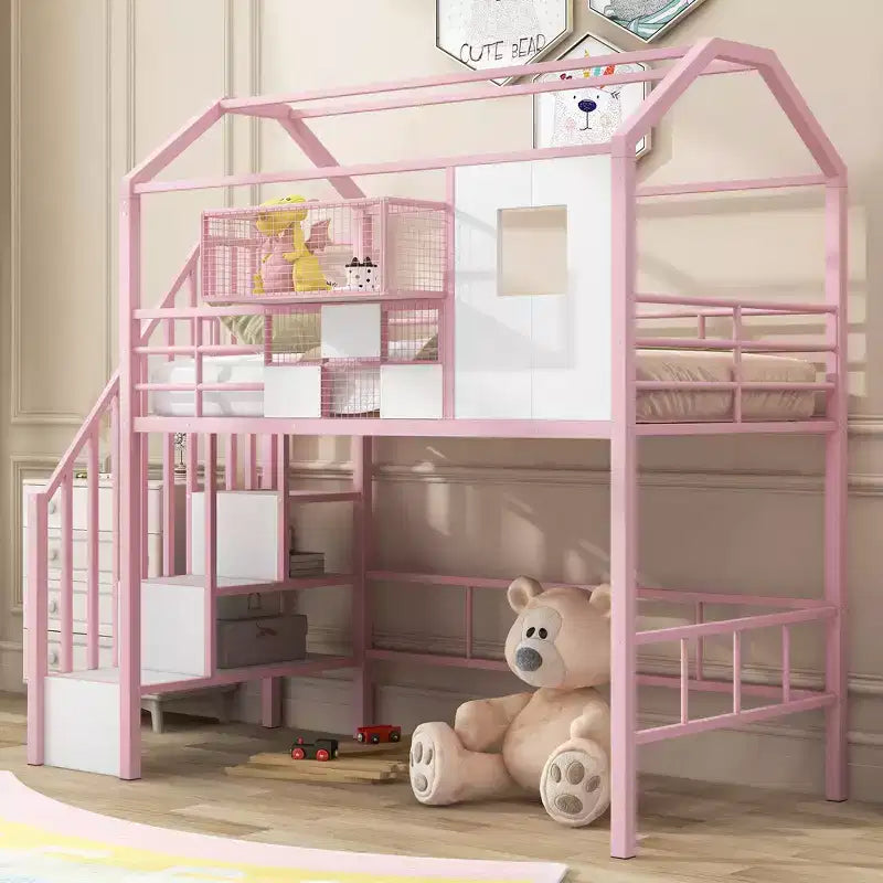 Whisen Letto a soppalco in metallo con design a casetta da 93,7''L x 41,4''W con scala, scaffale e finestra, con tetto