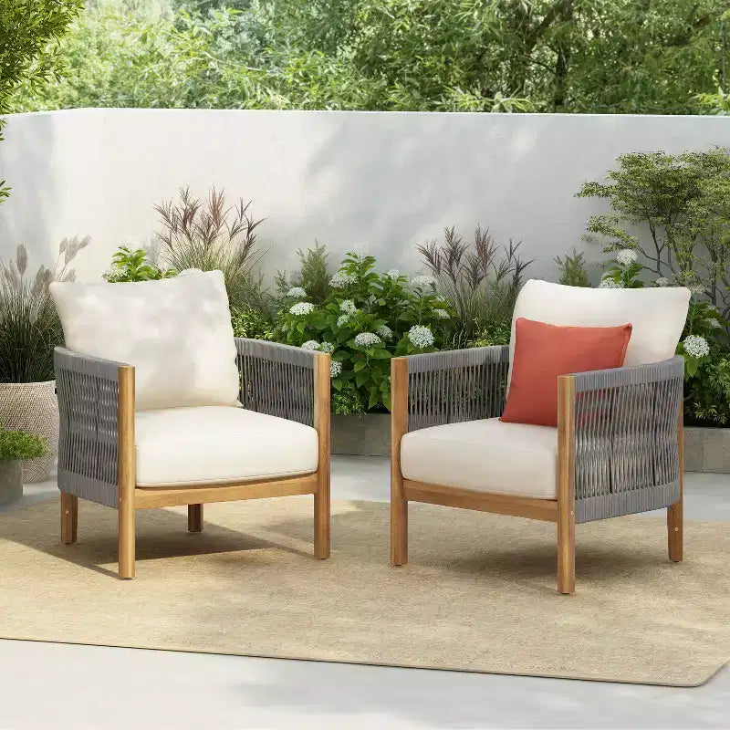 Christopher Knight Home Celeste Sedia Club imbottita in legno di acacia con trama a corda da esterno (Set di 2)