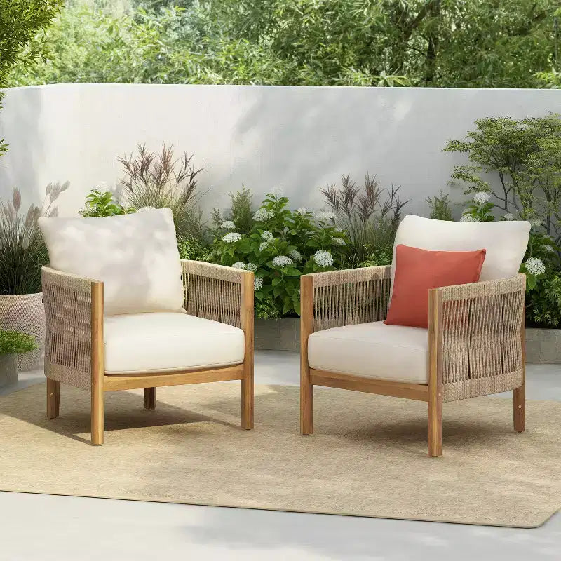 Christopher Knight Home Celeste Sedia Club imbottita in legno di acacia con trama a corda da esterno (Set di 2)