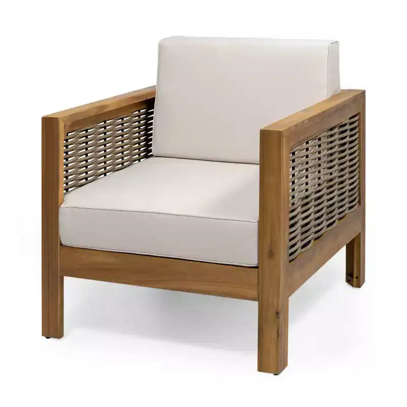 Sedia da patio per esterni, sedia Club con struttura in legno di acacia, inserti in vimini e cuscini - Merax