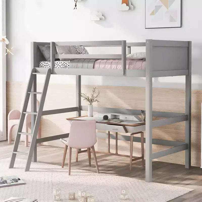 Whisen 79.5''L 41.8''W Letto a soppalco matrimoniale in legno massello dal design moderno con scala, sano e confortevole