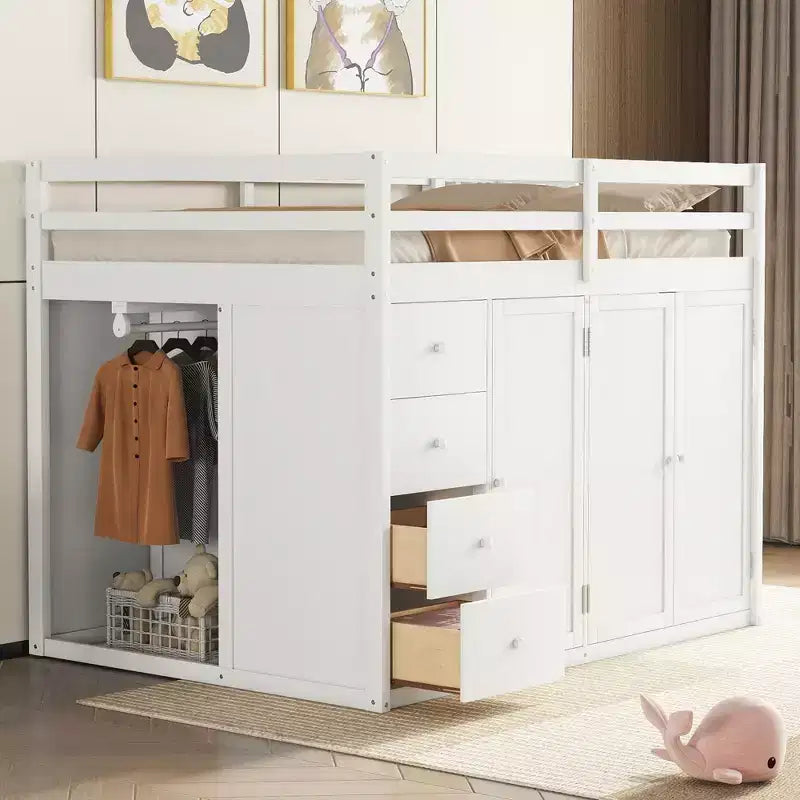 Whisen 93.3''L  57.6''W Modern Design Full Size Wood Loft Bed With Built-in Wardrobes, Cabinets and Drawers