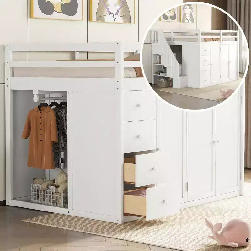 Whisen 93.3''L  57.6''W Modern Design Full Size Wood Loft Bed With Built-in Wardrobes, Cabinets and Drawers