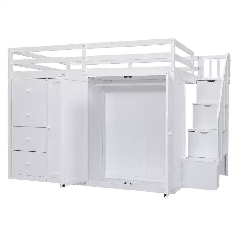 Whisen 93.3''L  57.6''W Modern Design Full Size Wood Loft Bed With Built-in Wardrobes, Cabinets and Drawers