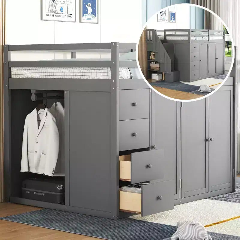 Whisen 93.3''L  57.6''W Modern Design Full Size Wood Loft Bed With Built-in Wardrobes, Cabinets and Drawers