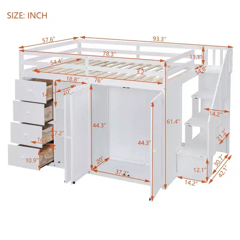 Whisen 93.3''L  57.6''W Modern Design Full Size Wood Loft Bed With Built-in Wardrobes, Cabinets and Drawers