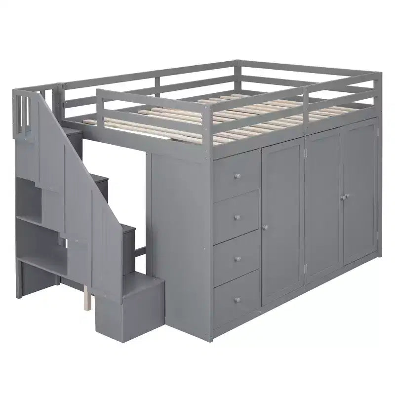 Whisen 93.3''L  57.6''W Modern Design Full Size Wood Loft Bed With Built-in Wardrobes, Cabinets and Drawers