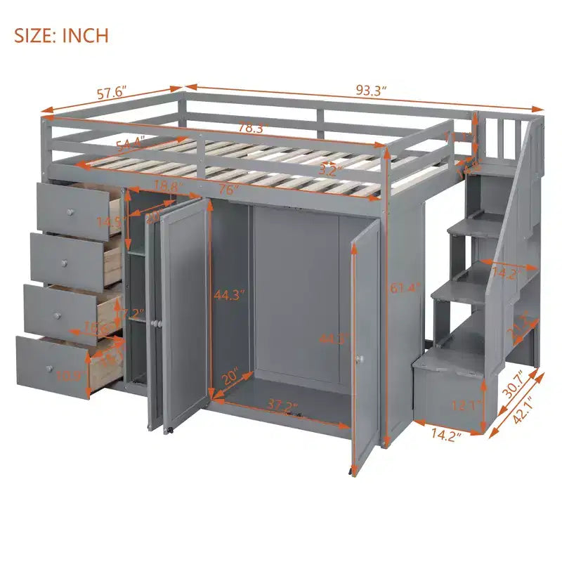 Whisen 93.3''L  57.6''W Modern Design Full Size Wood Loft Bed With Built-in Wardrobes, Cabinets and Drawers