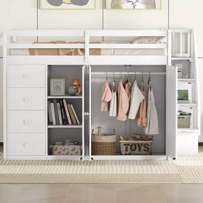 Whisen 93.3''L 57.6''W Letto a soppalco in legno di design moderno, una piazza e mezza, con armadi, mobili e cassetti integrati