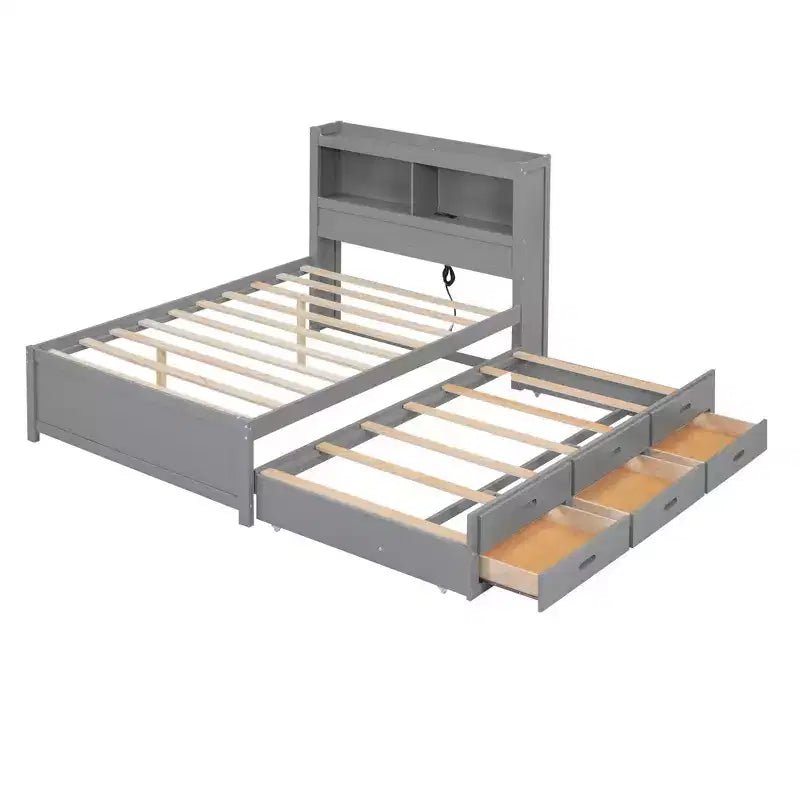 Letto a piattaforma intera in legno Whisen con letto estraibile, cassetti e prese USB