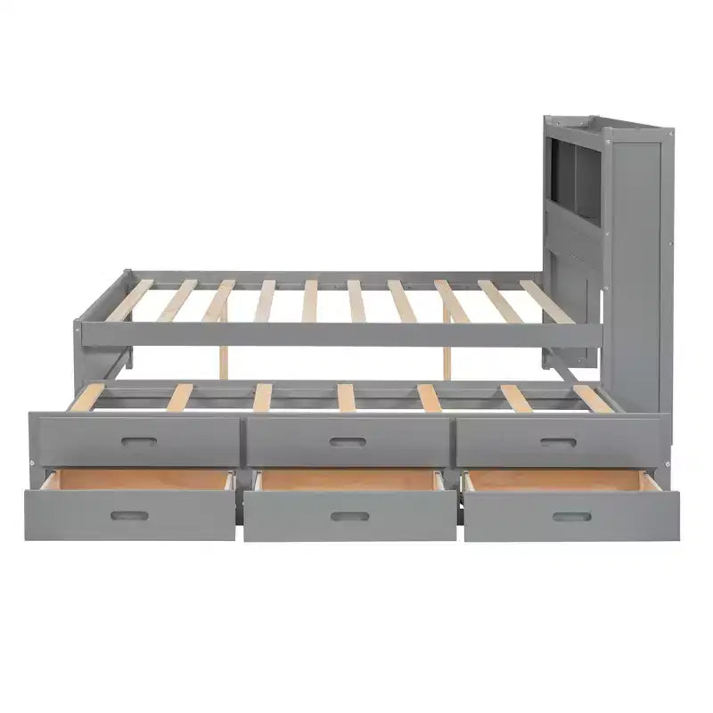 Letto a piattaforma intera in legno Whisen con letto estraibile, cassetti e prese USB