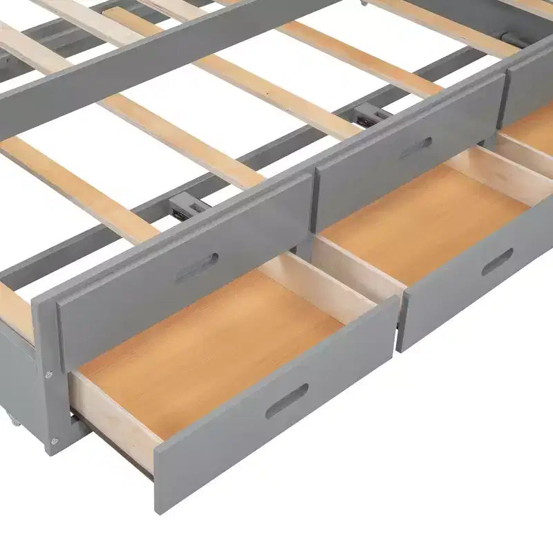 Letto a piattaforma intera in legno Whisen con letto estraibile, cassetti e prese USB