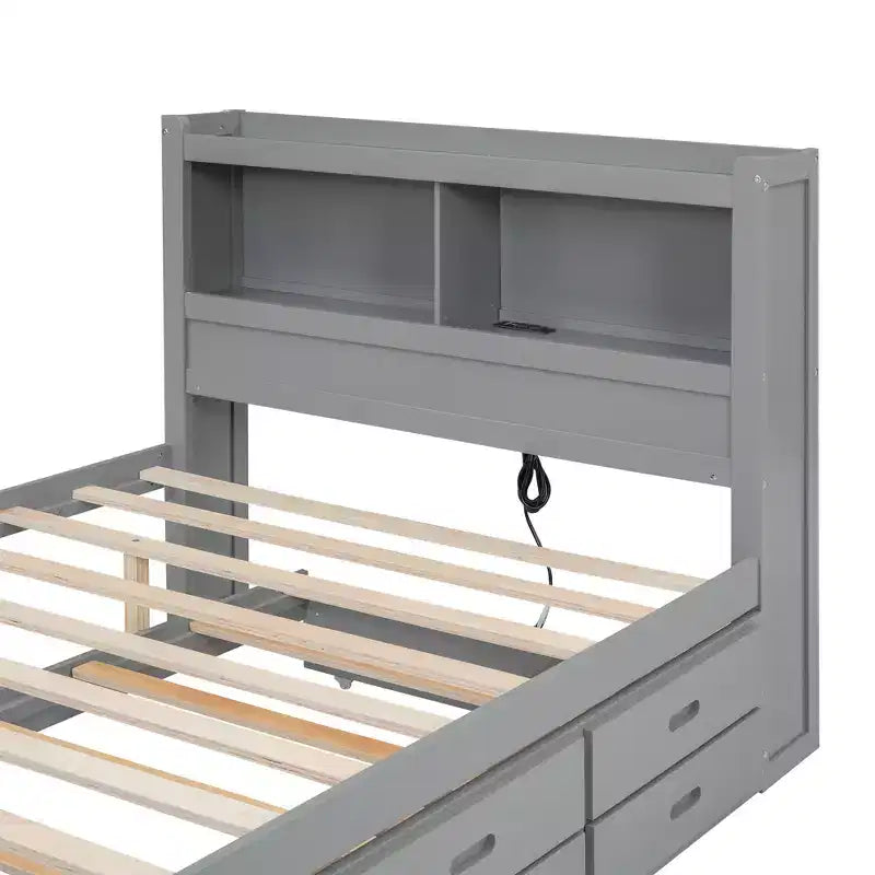 Letto a piattaforma intera in legno Whisen con letto estraibile, cassetti e prese USB