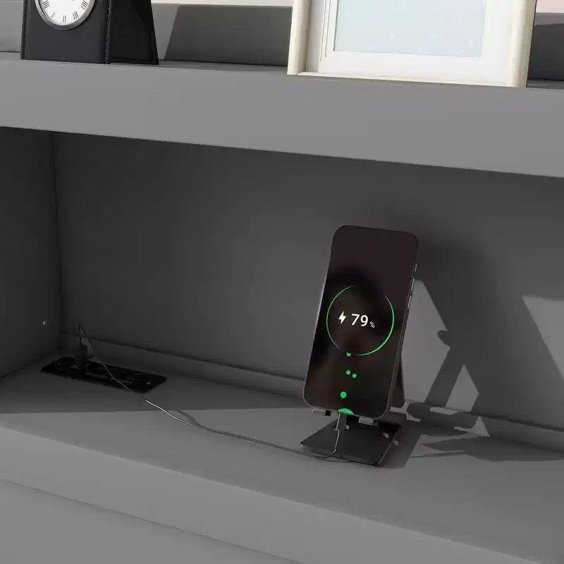 Letto a piattaforma intera in legno Whisen con letto estraibile, cassetti e prese USB