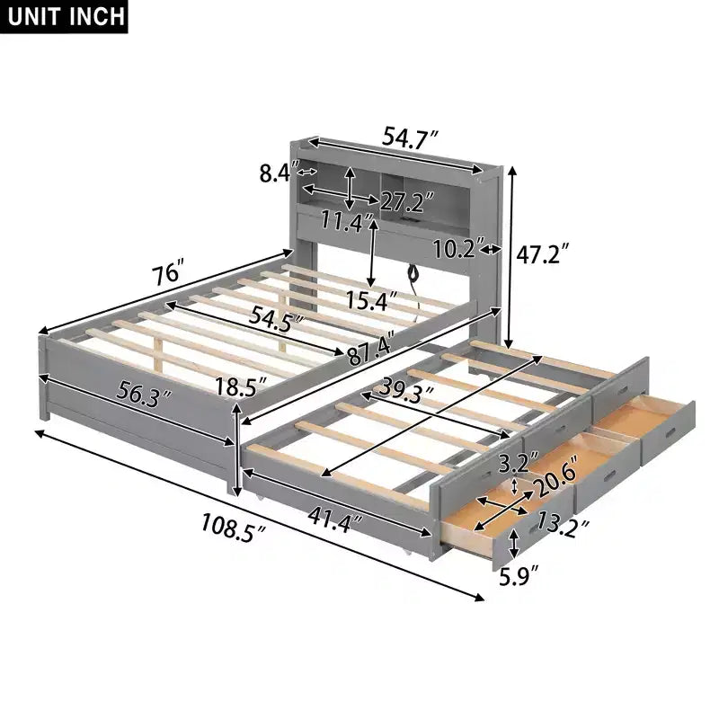 Letto a piattaforma intera in legno Whisen con letto estraibile, cassetti e prese USB