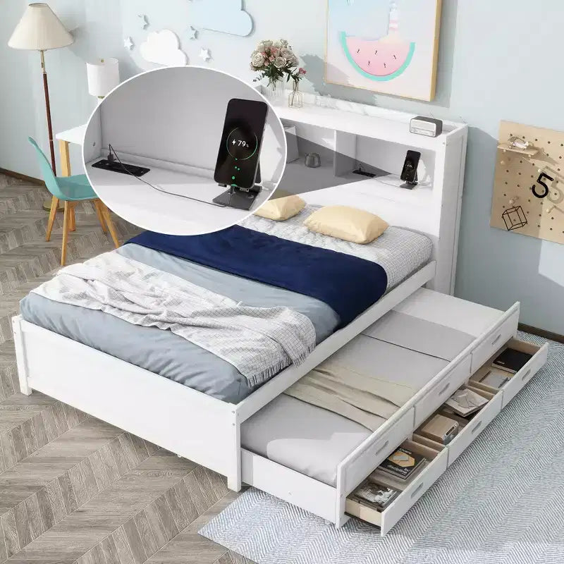 Letto a piattaforma intera in legno Whisen con letto estraibile, cassetti e prese USB