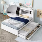 Letto a piattaforma intera in legno Whisen con letto estraibile, cassetti e prese USB