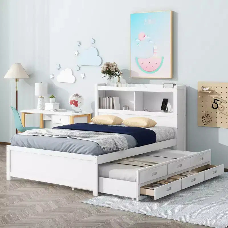 Letto a piattaforma intera in legno Whisen con letto estraibile, cassetti e prese USB