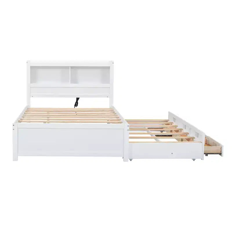 Letto a piattaforma intera in legno Whisen con letto estraibile, cassetti e prese USB