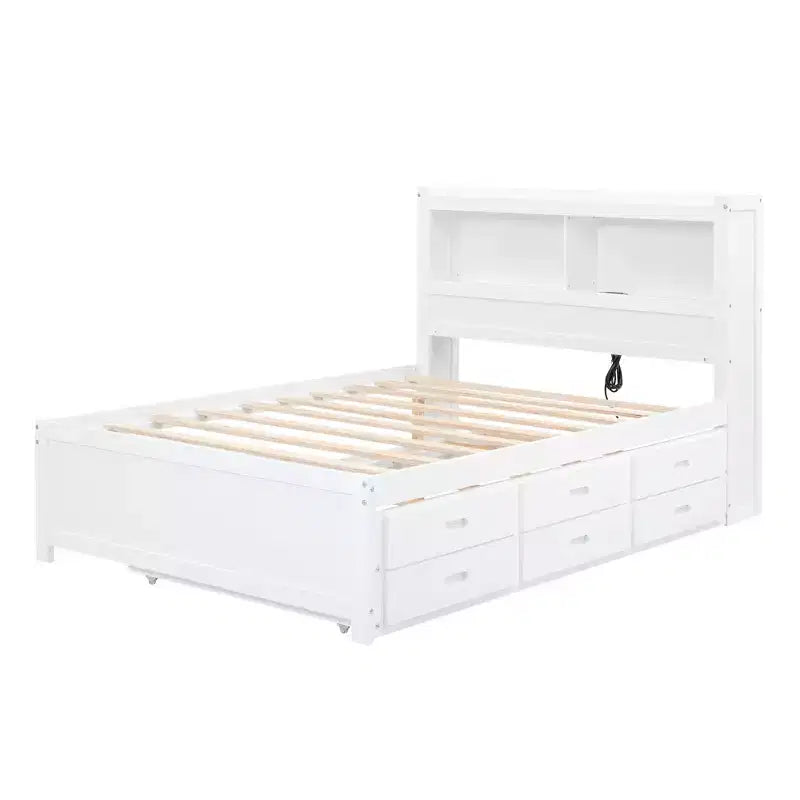 Letto a piattaforma intera in legno Whisen con letto estraibile, cassetti e prese USB