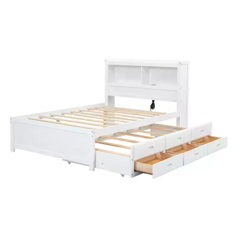 Letto a piattaforma intera in legno Whisen con letto estraibile, cassetti e prese USB