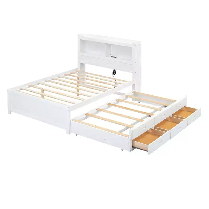 Letto a piattaforma intera in legno Whisen con letto estraibile, cassetti e prese USB