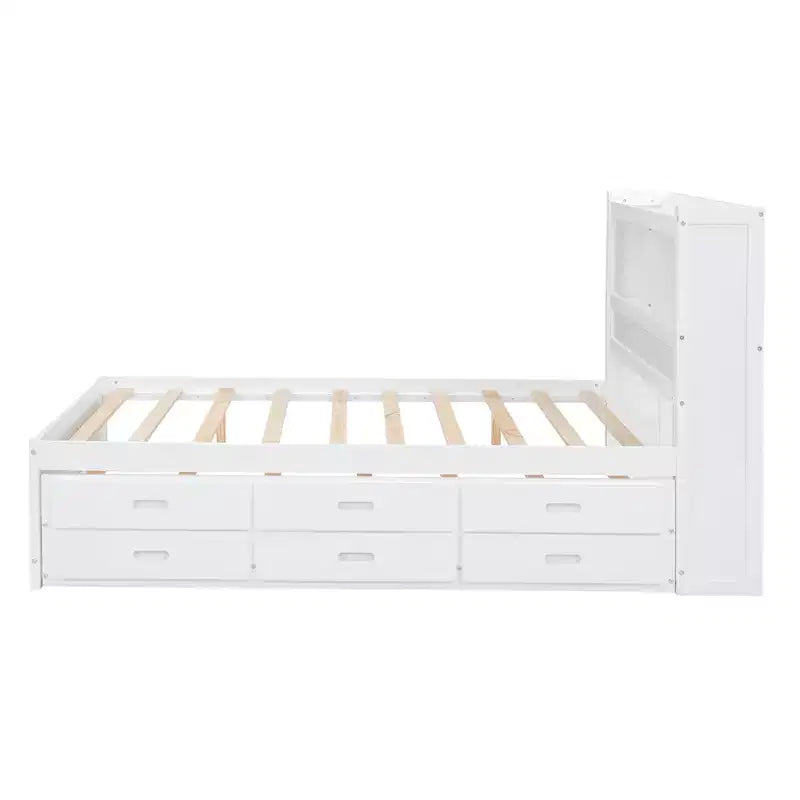 Letto a piattaforma intera in legno Whisen con letto estraibile, cassetti e prese USB