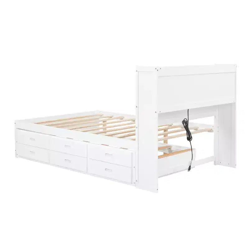 Letto a piattaforma intera in legno Whisen con letto estraibile, cassetti e prese USB