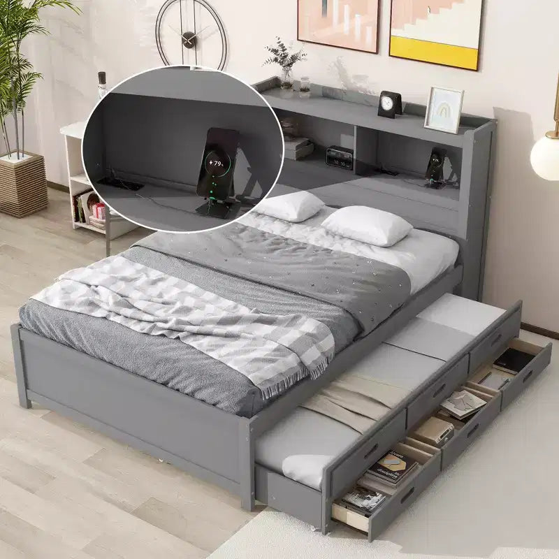 Letto a piattaforma intera in legno Whisen con letto estraibile, cassetti e prese USB