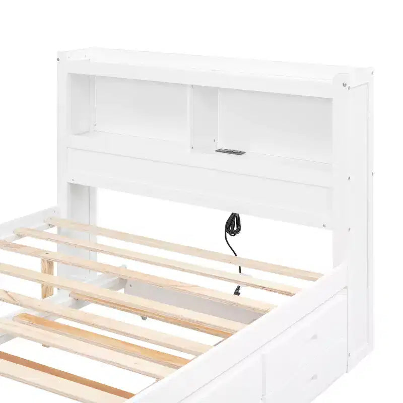Letto a piattaforma intera in legno Whisen con letto estraibile, cassetti e prese USB