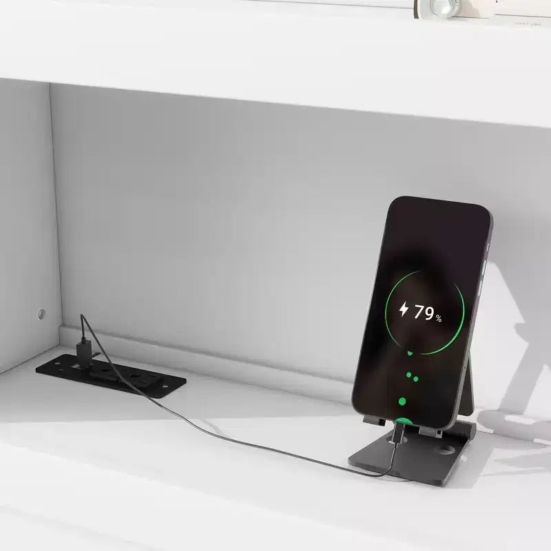 Letto a piattaforma intera in legno Whisen con letto estraibile, cassetti e prese USB