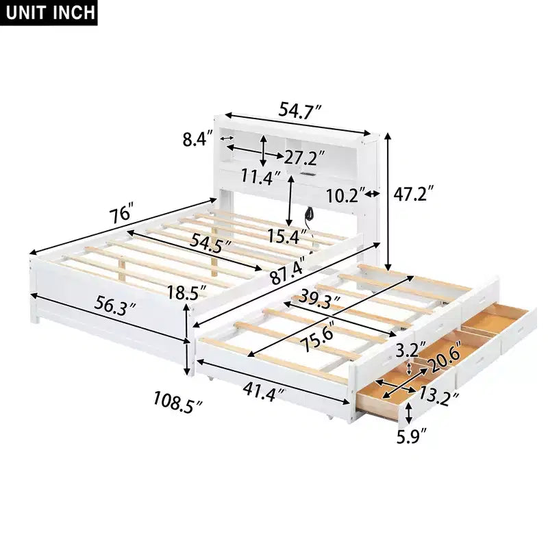Letto a piattaforma intera in legno Whisen con letto estraibile, cassetti e prese USB