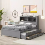 Letto a piattaforma intera in legno Whisen con letto estraibile, cassetti e prese USB
