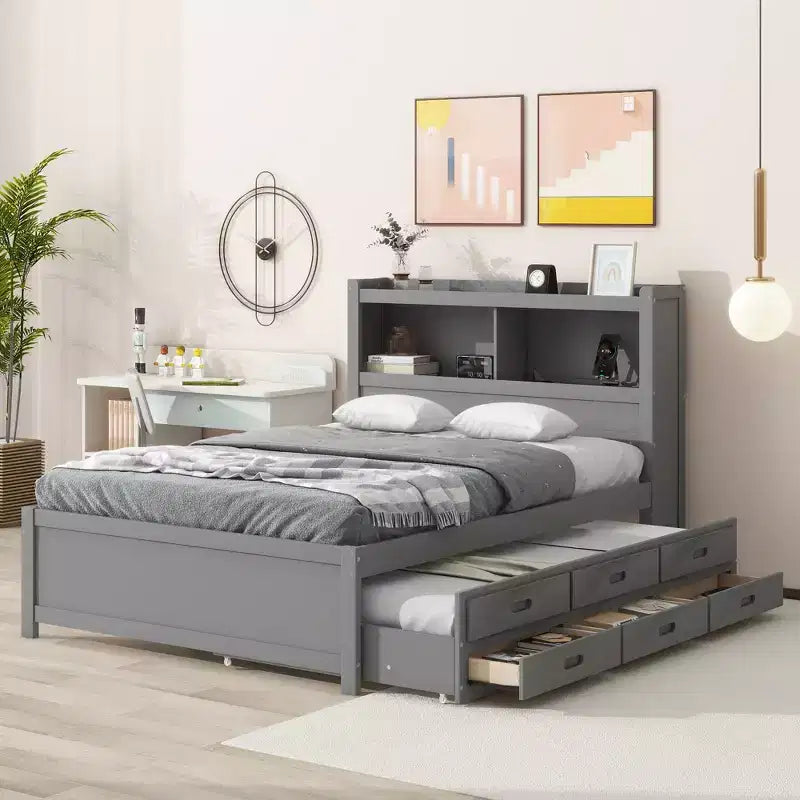 Letto a piattaforma intera in legno Whisen con letto estraibile, cassetti e prese USB