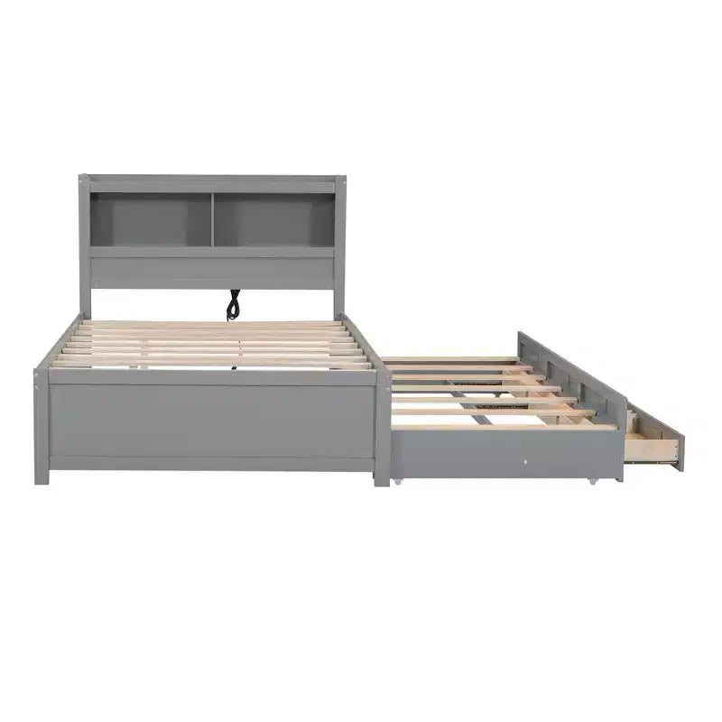 Letto a piattaforma intera in legno Whisen con letto estraibile, cassetti e prese USB