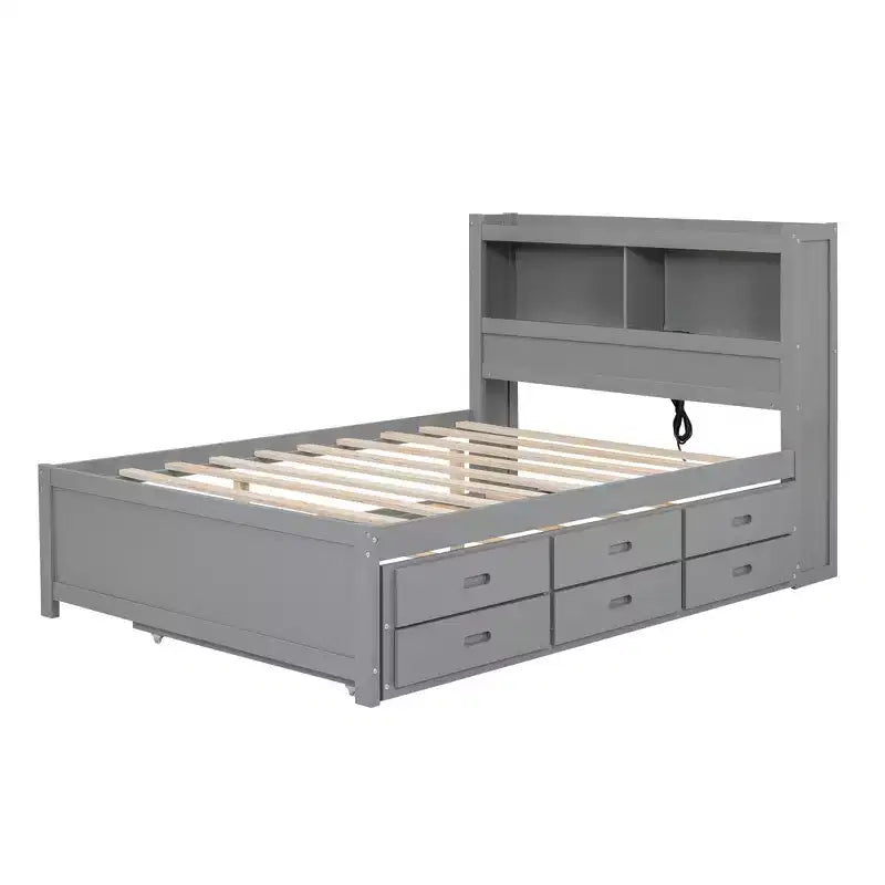 Letto a piattaforma intera in legno Whisen con letto estraibile, cassetti e prese USB